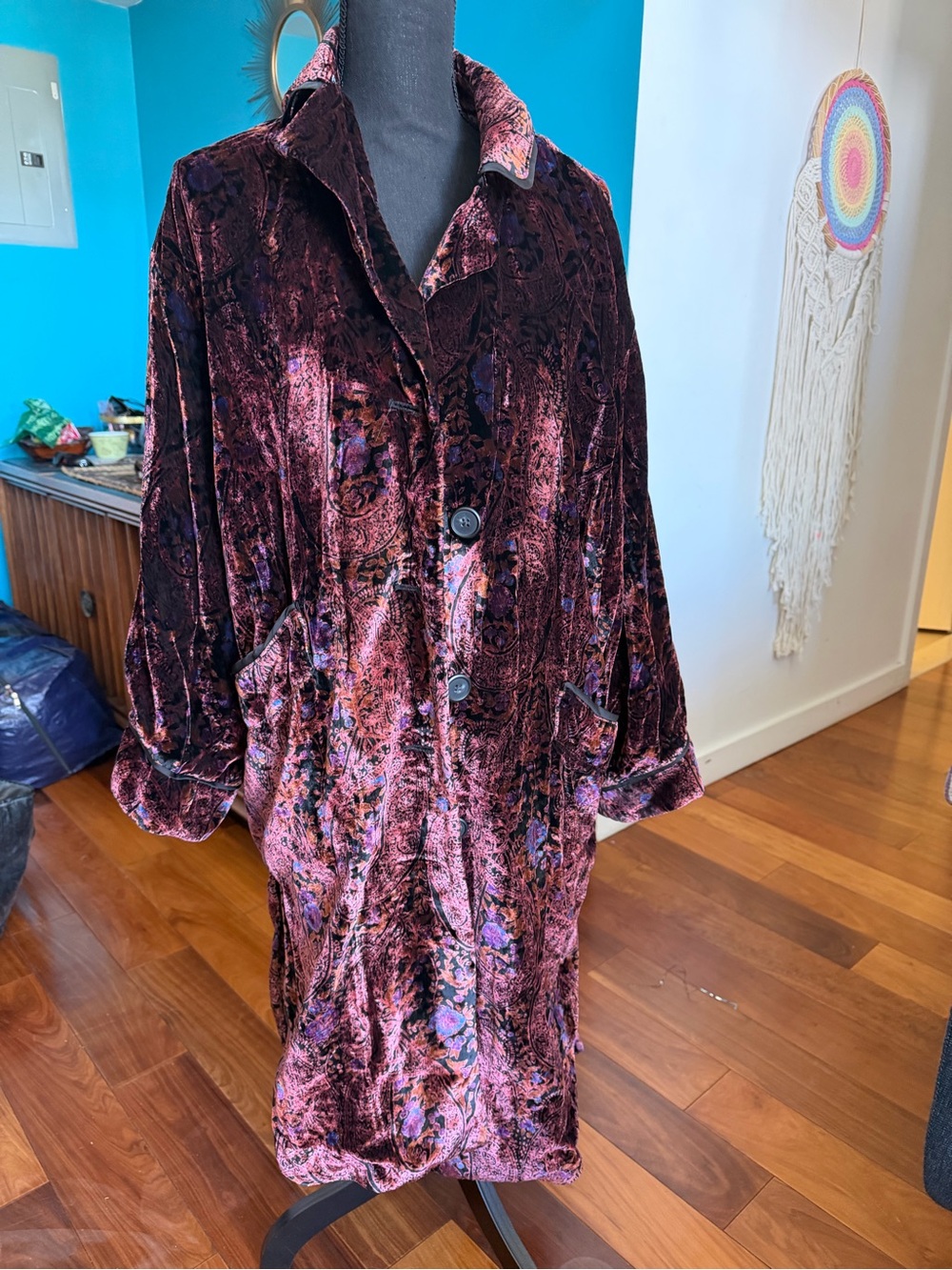 Free People Velvet Long Button Coat in Burgundy and Pink